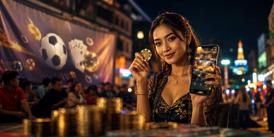 Permainan kartu malam hari di pasar malam dengan suasana ramai dan lampu berwarna